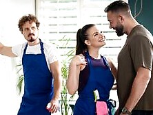 Married latina maid cheats with wealthy homeowner with husband right there