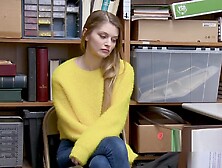 Hot blonde sweater thief is caught and subdued into taking officers cock