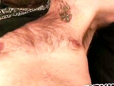 Hairy mature homo masturbates on a chair and cums in buckets