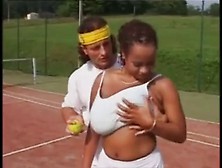 Huge Boob Ebony Enjoys Playing With His Tennis Rack