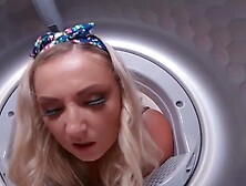 Blonde MILF with massive tits stuck in a washing machine and fucked rough