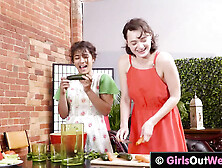 Lesbian hottie gets her hairy cunt fucked with cucumber