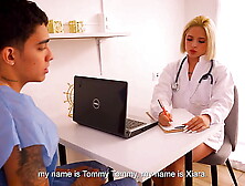 Blonde doctor Xiara Dark gets horny checking her patient's HUGE cock - Juan Bustos DOCTOR