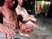 College Straight Guys Jerk Off In A Hot Tub Showing Off Their Low Hangers