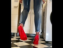 Desperate Wetting My Jeans And In My Attractive Red Highheels And Play With