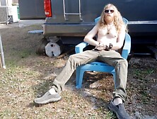 Post-holiday jerking off,  butt play and shooting cum onto the lawn