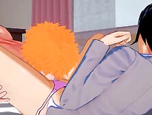 Rukia and Ichigo do sixty nine on the bed before fucking