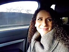 Stunning looking German babe riding a long rod in the car