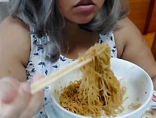 Cute Feedee Eats Noodles For Her Feeder