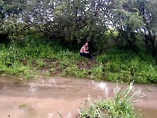 cutie has pleasure in the mud in a blue suit