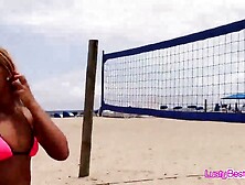 Bikini girlfriends having joy on the sun on a public beach then in a intimate pool