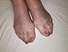 Cum On Wife's Brown Nylon Feet - Old Ping Polish On Toenails