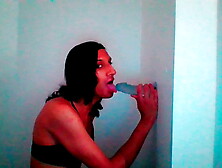 Petite Tgirl Sucks Wall Mount Dildo Lovingly #2