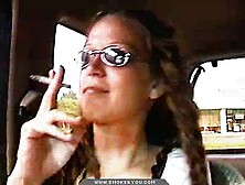 Two Brunettes With Plaits Smoking In The Car While Red Mom Doing It Outdoors