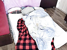 Foreplay in the bedroom with an amateur couple.  Amateur MILF does naked yoga,  hairy pussy,  big ass,  big tits.