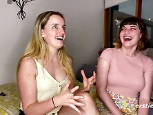 Mischievous blondes Lucy and Charlie get playful in the library with girl/girl fun