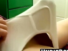 Buff stud showering while stroking through wet undies