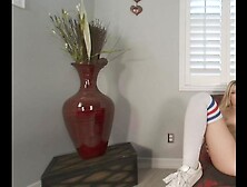 Solo blonde chick Natalia Queen in long stockings spreads her legs on a armchair in VR.