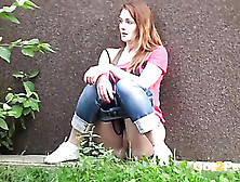 Redhead Takes A Piss On The Sidewalk