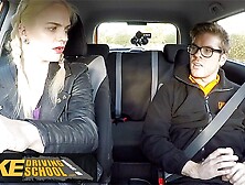 Fake Driving School - Instructor is caught masturbating by a CUTE BLONDE with fantastic boobies