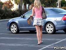 Pretty Miss In A Plaid Skirt And Pink Top Is Filmed While She Casually Shops For Shoes.