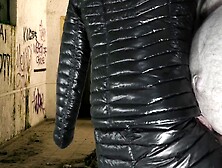 Cuming on Girlfriend's Shiny Ebony G. W.  Down Jacket