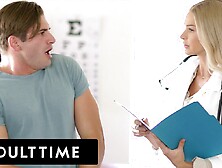 ADULT TIME - Nasty Doctor Emma Hix Swallows Her Patient's Rod After Catching Him Jerking Off!