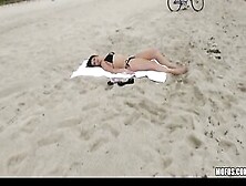 Babe Dark Hair Eighteen Tanning On The Beach Fucks A Stranger's Huge-Cock