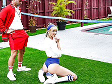 Volleyball arousing craves for trainers cock