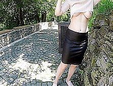 Public Flashing No Bra Boobs On Sidewalk And Piss Standing In A Skirt - Super Hot Braless