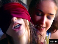 Str8 cutie is blindfolded by lesbo in advance of that babe orgasms