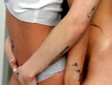 Amirah Adara and Matty shower room and black sofa lesbian vibrator and dildo scenes