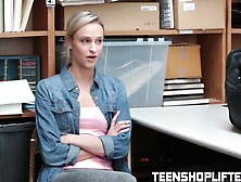 Blonde shoplifter Emma Hixx fucked and cum covered by guard