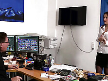 Tattooed redhead hottie gets banged hard in secretary room