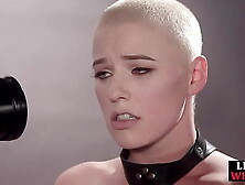 Bald blonde babe with huge breasts gets fingered and anal fuck