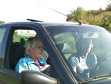 Dude pounds blonde granny in his car