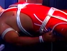 Tattooed man in uniform is bound and cant release himself