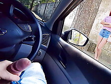 Public car hand-job for cutie at the bus stop!