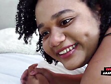 Ebony woman with a large booty and large bazookas giving her booty to a white stud.