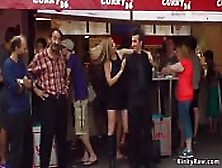 Naked Blonde In Line At Fast Food Shop