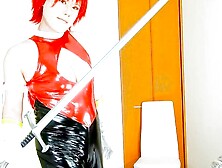 Chinese Cosplay Hottie Honey in Shiny PVC – Red & Ebony Cosplay Action - Crossdressing