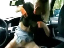 Amateur Blonde Riding The Gear Stick Of Her Car