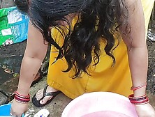 Indian bhabhi bathing outside with