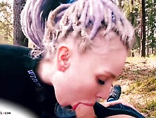 Sensuous damsel is deep throating bone in the woods and hoping a ample facial cumshot money-shot as a prize