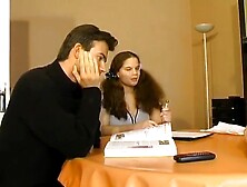 Enchanting French teen banging with 2 chaps after doing homework