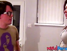 English brunette babe Bella Star deepthroats nerd big dick