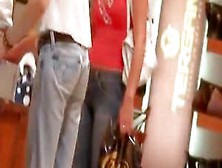 Slim tanned hot brunette with camel toe shopping street candid