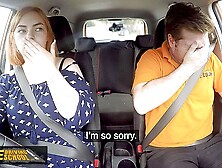 CURVY redhead riding a gigantic dong in a car and let's him spunk in her mouth - Fake Driving School