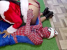 WHAT A CAPTIVATING SQUIRT! 2 marvelous stepsisters have sex with Spider-Chap at Christmas