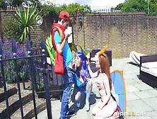 Busty Porn stars share one guy at a crazy 3on1 costume sex party